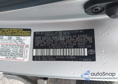 2007 Toyota Camry Ce from USA, damaged, VIN 4T1BE46K47U181998